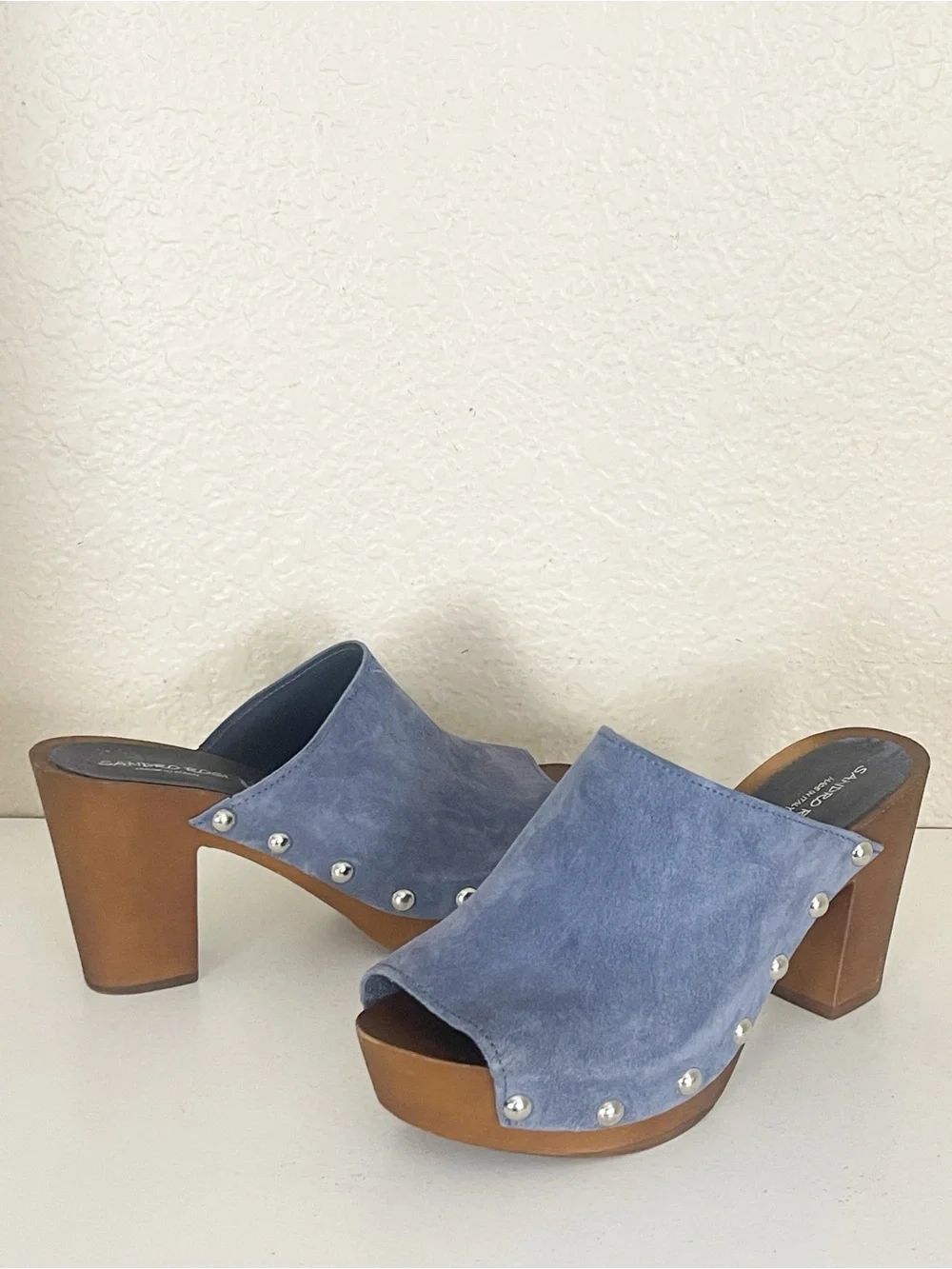 Sandro Rosi Made in Italy Blue Suede leather Studded Wooden Clogs 39 - Picture 4 of 10